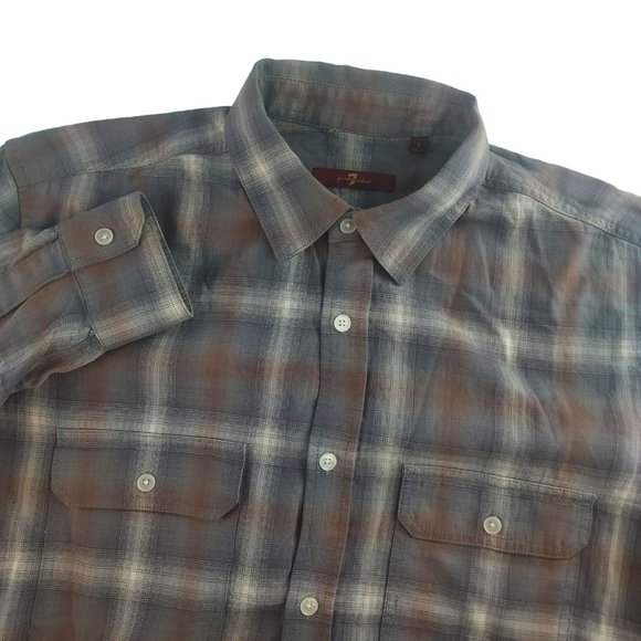 7 For All Mankind Mens Small Brown Plaid Button‎ Front Long Sleeve Shirt - Picture 1 of 5